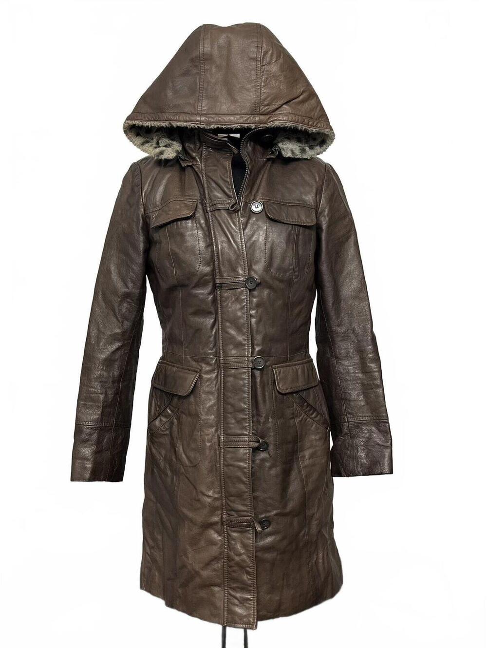 Vintage Danier Brown Leather Hooded Trench Coat With Leopard Faux Fur Lining